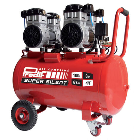 Prodif – Compresseur silencieux 100L 3CV – Débit d’air 370 L/min – Pression maximale 8 bars – Moteur à vitesse lente 1400 tr/min – 58 dB à 7m