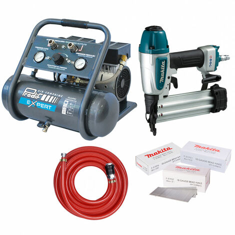 Prodif – Compresseur ultra silencieux 6L – 51 dB à 7m – Moteur bi-cylindre 1 400 tr/min – Cloueur pneumatique Makita AF506 – Tuyau 10m – 15000 clous 18 Ga