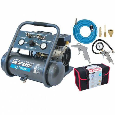 Prodif – Compresseur coaxial silencieux 6L – Moteur bi-cylindre 0,75 CV – Pression max 8 bar – Débit d’air 100 L/min – Kit 6 accessoires inclus - SIL6JPRO