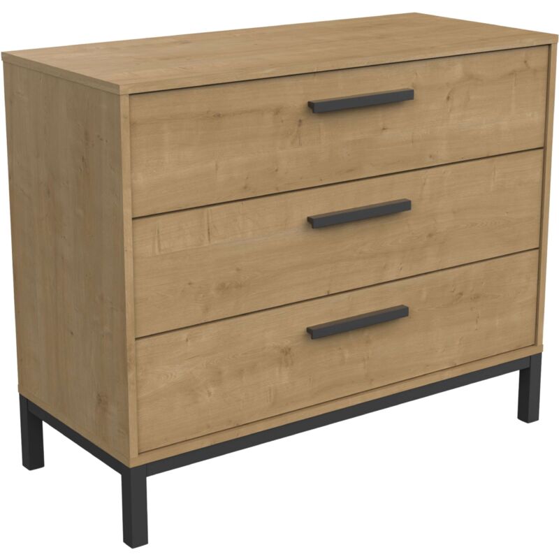 Commode artisanale en chêne hamilton et noir mat 3 tiroirs style industriel 75x40x91 cm