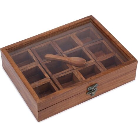 [PRODUIT RECONDITIONNE] Ajuny Boîte à épices en bois avec 12 compartiments et couvercle en verre