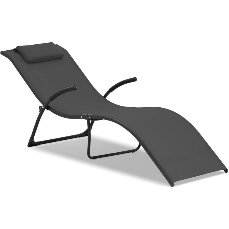 Uniprodo - produit reconditionne] Chaise Longue De Jardin Design Transat Bain Soleil Piscine Pliante Tissu Noir - Bon état
