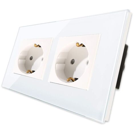 [PRODUIT RECONDITIONNE] CNBINGO Douille Double 16A avec Plaque en Verre Durci Blanc, Protection Enfant, Matériau Ignifuge, Prise Schuko Standard