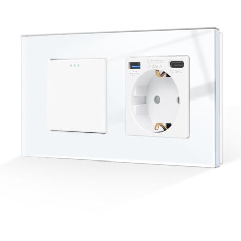[PRODUIT RECONDITIONNE] CNBINGO Interrupteur à bascule avec prise Schuko et ports USB Type-A et Type-C intégrés, verre trempé, blanc, encastrable