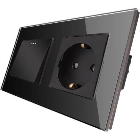 [PRODUIT RECONDITIONNE] CNBINGO Interrupteur à bascule tactile 1 voie 10A 250V avec prise SCHUKO et plaque en verre noir