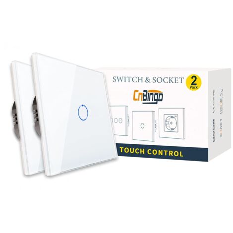 [PRODUIT RECONDITIONNE] CNBINGO Lot de 2 Interrupteurs Tactiles 1 Voie Blanc avec Panneau en Verre Trempé et LED d'État, 240 V AC, 800 W