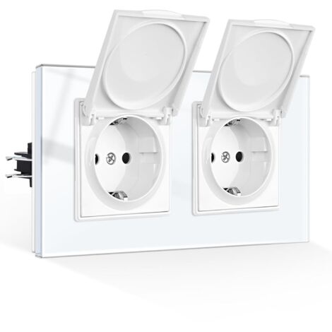 [PRODUIT RECONDITIONNE] CNBINGO Prise double étanche Schuko encastrée avec couvercle à rabat - 16A 230V - Verre blanc
