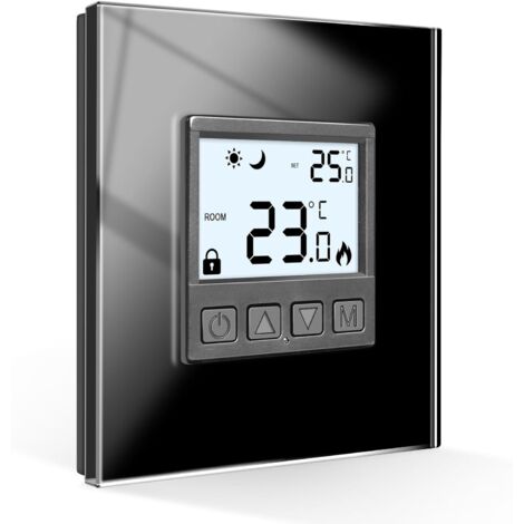 [PRODUIT RECONDITIONNE] CNBINGO Thermostat d'Ambiance Numérique Encastré pour Chauffage au Sol et Chauffe-eau, Cadre en Verre Noir