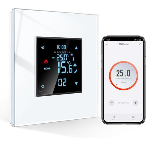 [PRODUIT RECONDITIONNE] CNBINGO Thermostat intelligent encastré Wi-Fi avec vitre en verre cristal - Compatible Alexa et Google Assistant - 16 A - Blan