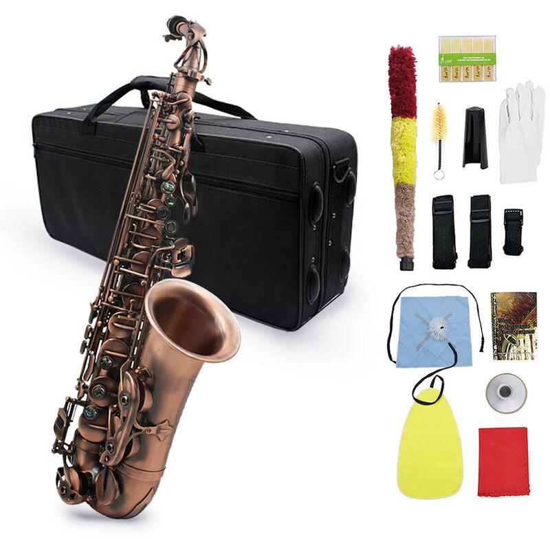 

Profesional Red Bronze Bend Eb E-flat Saxofon Alto Saxo Abulon Shell Patron de tallado de llaves con estuche Guantes Pano de limpieza Correas Cepillo