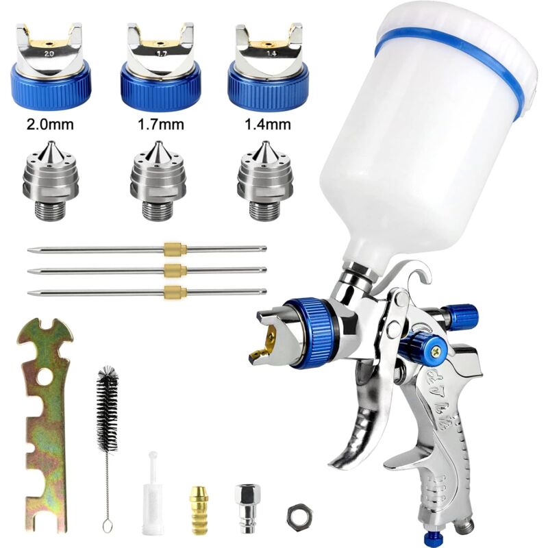 Jalleria - Professional Gravity Feed Paint Spray Gun 3 Nozzles 1.4mm 1.7mm 2.0mm Cup 600cc Gravity Spray Gun for Car Furniture Small Repair