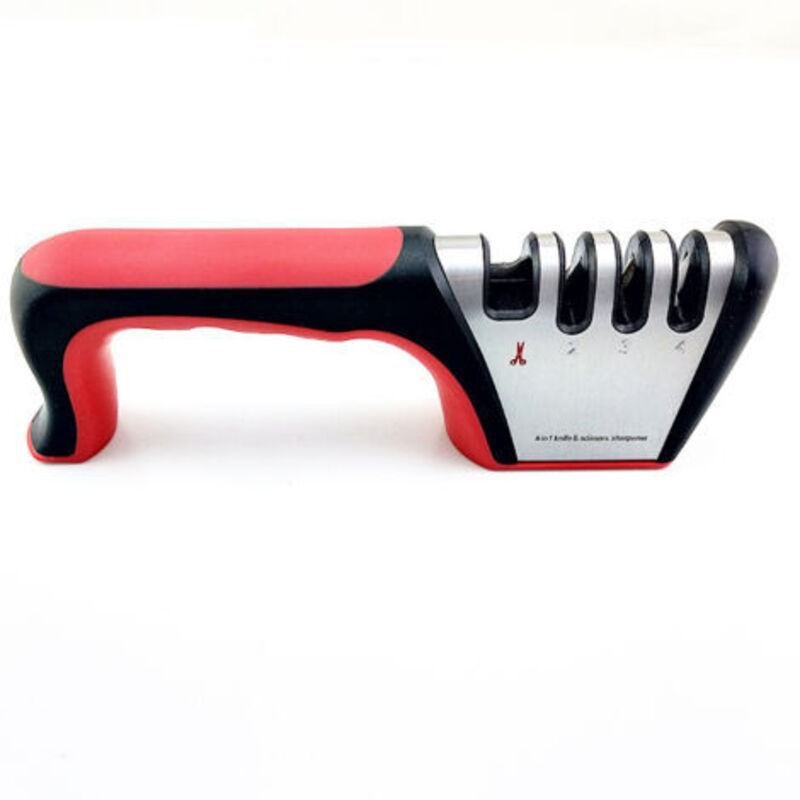 Professional Knife Sharpener, 4 in 1 Kitchen Knife Sharpener with Non-slip Base, Knife Sharpener for Knives and Scissors, Manual Knife Sharpener (red