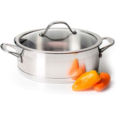 Professional Steel - Petite Braisière Marmite Faitout Bas - 24 cm / 3,6L - INOX 18 10 Compatible Induction - Couvercle Verre Trempé - Poignées INOX Isolantes