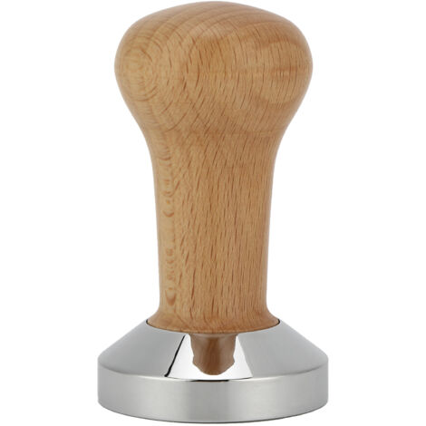 Professionelle 53-mm-Kaffeepresse aus Holz, Espresso-Tamperhammer, Barista-Zubehör für Zuhause und Büro, flache Basis in Holzfarbe.