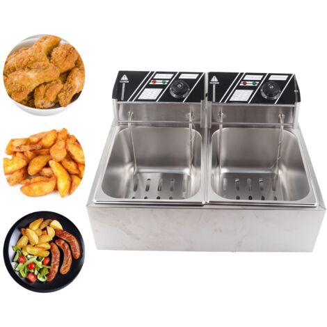 Professionelle elektrische Fritteuse mit 6-Liter-DuoTank-Fassungsvermögen, 1,7 kW, Edelstahl, mit 2 Tabletts für Küche/Restaurant