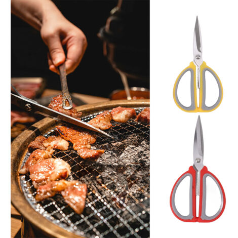 Professionelle Küchenschere, 2er-Pack mit Edelstahlklingen und Wellenschliff – zum Schneiden von Geflügel und Fleisch – Rot und Gelb – Abmessungen: 19,3 x 10,8 cm und 17,3 x 8,8 cm