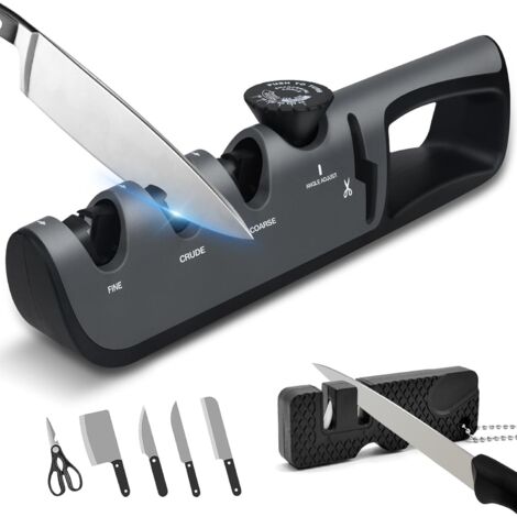 Professioneller Messerschärfer, 4-in-1-Messerschärfer mit Schere, 6-stufig einstellbarer Winkelknopf-Messerschärfer, multifunktionaler manueller Messerschärfer & Taschenschärfer (grau)