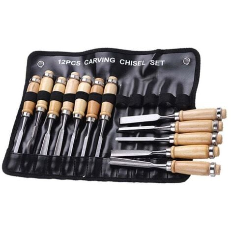 SNQ Professionelles Stechbeitel-Set, Tischler-Holzbearbeitungswerkzeug, Kratzer, Handmeißel-Werkzeug mit Holzgriffen und Aufbewahrungskoffer (12-teiliges Set)