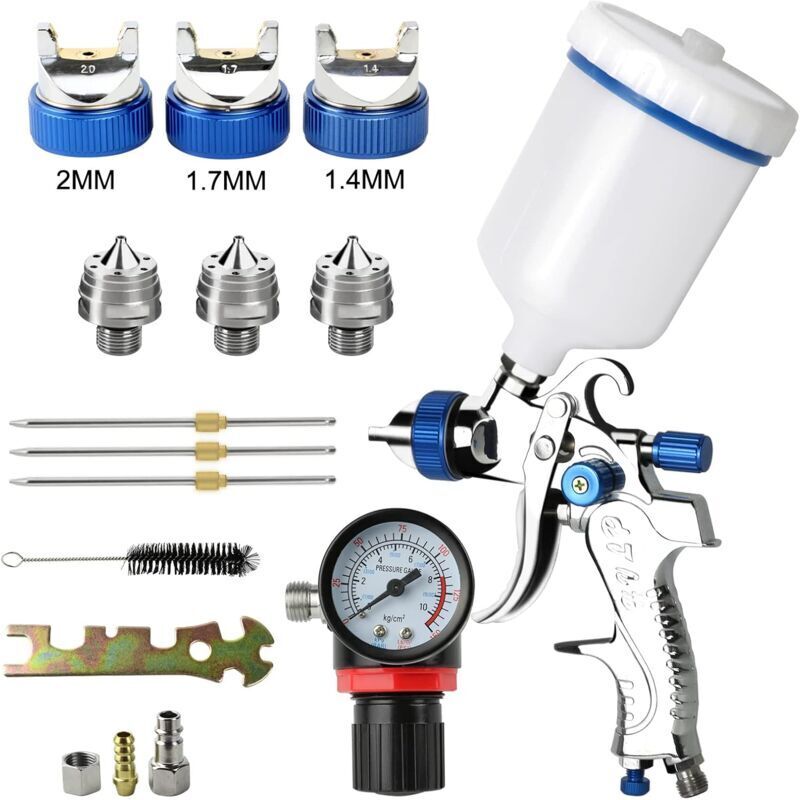 Professionnel 600cc avec 3 Buses 1,4mm 1,7mm 2,0mm, Pistolet à Pulvérisation à Alimentation par Gravité avec régulateur d'air pour la Peinture de