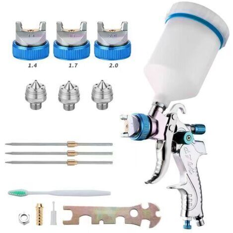 Professionnel Pistolet à Peinture, Haute Pression Kit Pistolet à Pulvérisation d'Air, Pistolet a Peinture Pneumatique à Alimentation par Gravité HVLP 600CC, 1.4MM/1.7MM/2.0MM 3 Taille Buses (Bleu)