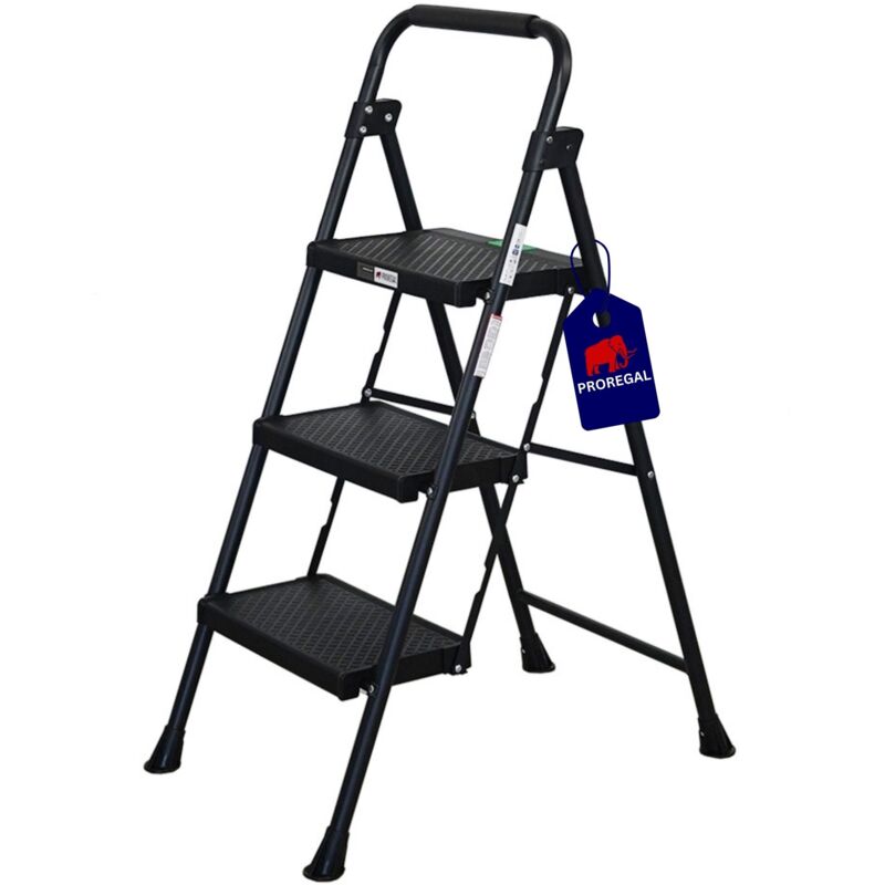 Profi-Escabeau pliant avec certification tüv/gs 3 marches avec surface striée HxLxP 106x48x70cm Capacité de charge 150kg Acier Noir mat