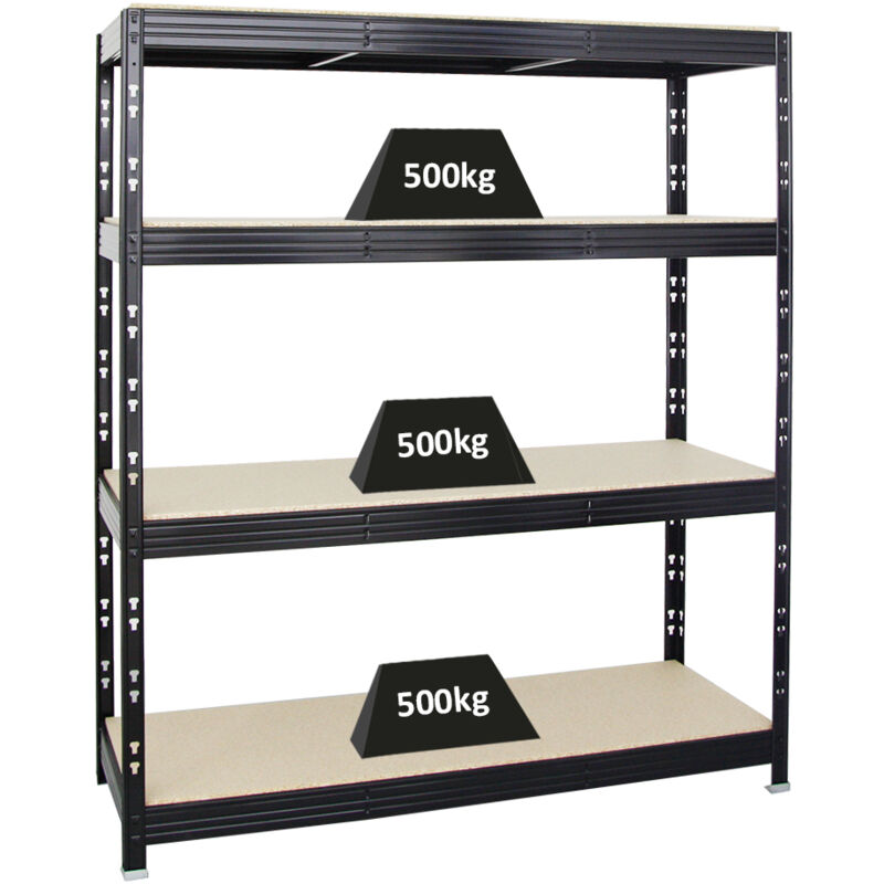 Tagère charge lourde rhino HxLxP 180x160x60cm 4 niveaux en aggloméré 16mm 500kg par niveau Noir Étagère de garage, étagère de rangement, stockage,