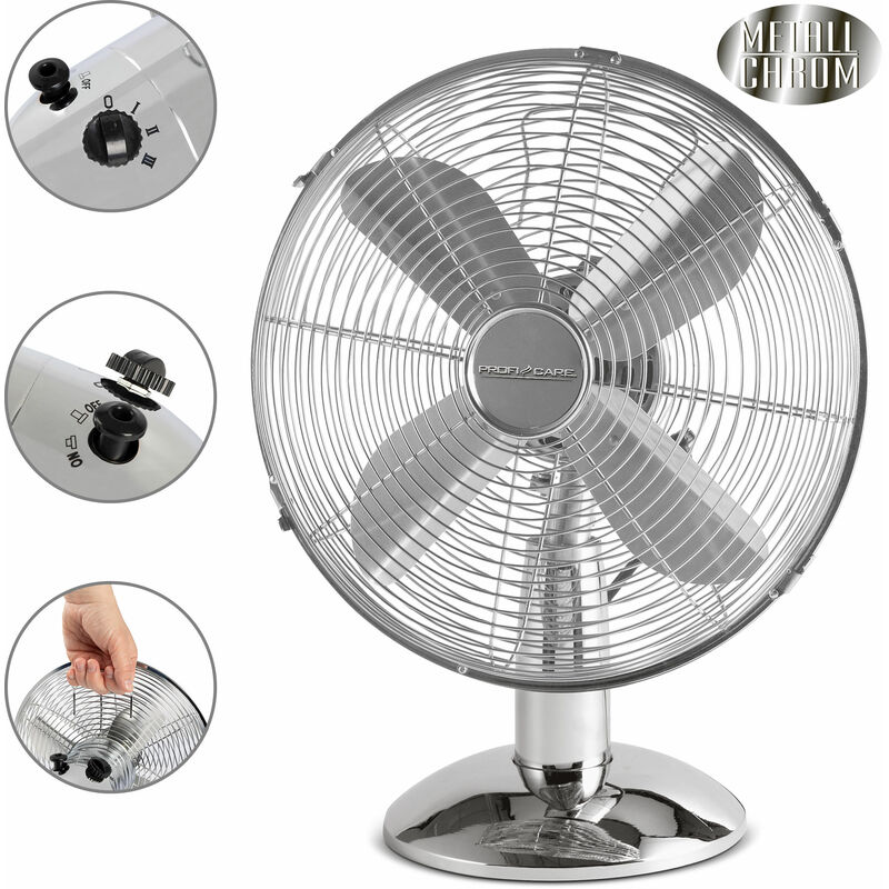 

Ventilador de Mesa, Silencioso, Retro, Diámetro Exterior 30 cm, 3 Velocidades, Oscilante, Diseño Vintage, Cuerpo Cromado Metálico 35W - Proficare