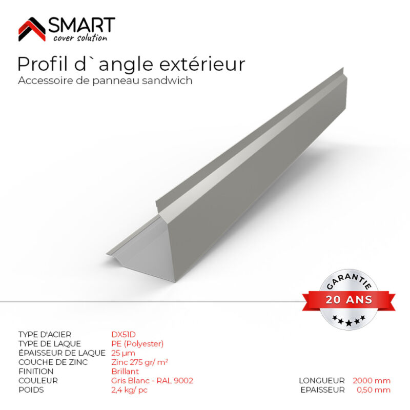 Profil d`angle extérieur Panneau Sandwich Coloris Gris Blanc ral 9002 L=2m, épaisseur 0.40mm