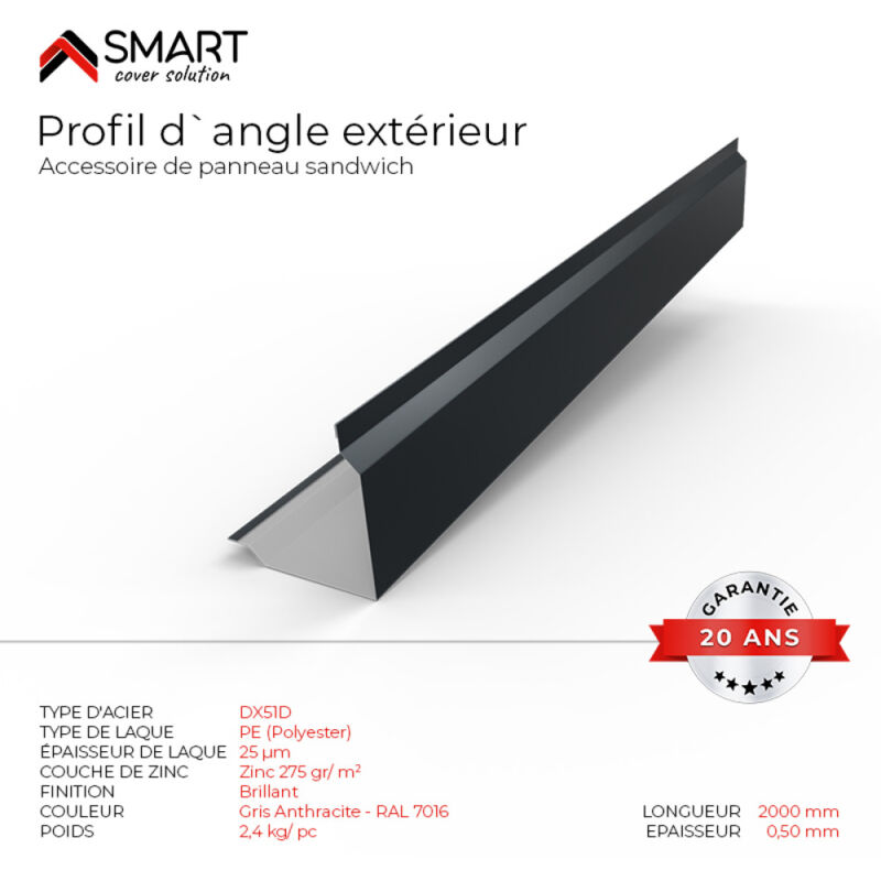 Profil d`angle extérieur Panneau Sandwich Coloris Gris Anthracite ral 7016 L=2m, épaisseur 0.40mm