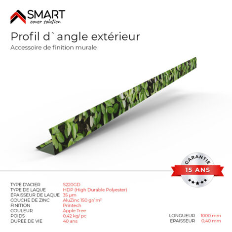 Profil d`angle extérieur Tôle bac acier - Toiture - Couverture - plaque H12 Coloris Apple Tree Printech L=1m