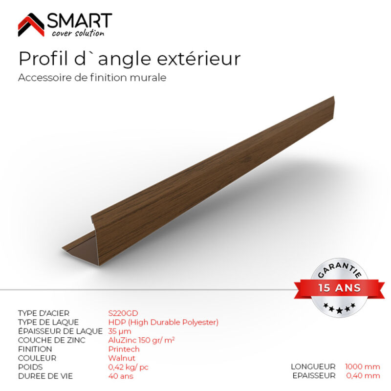 Bravo The Smart Solution - Profil d`angle extérieur Tôle de bardage H12 Coloris Walnut Printech L=2m - Walnut