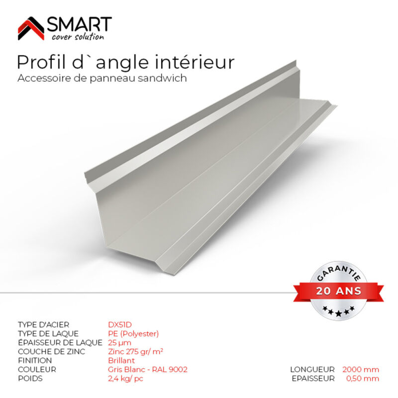 Profil d`angle intérieur Panneau Sandwich Coloris Gris Blanc ral 9002 L=2m, épaisseur 0.40mm