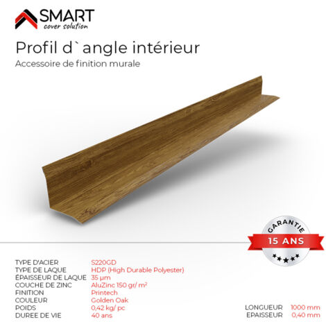 Profil d`angle intérieur Tôle bac acier - Toiture - Couverture - plaque H12 Coloris Golden Oak Printech L=1m