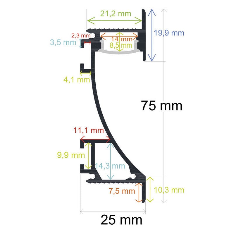 Profil Led Plinthe murale Opal 75x25mm 2m 167060