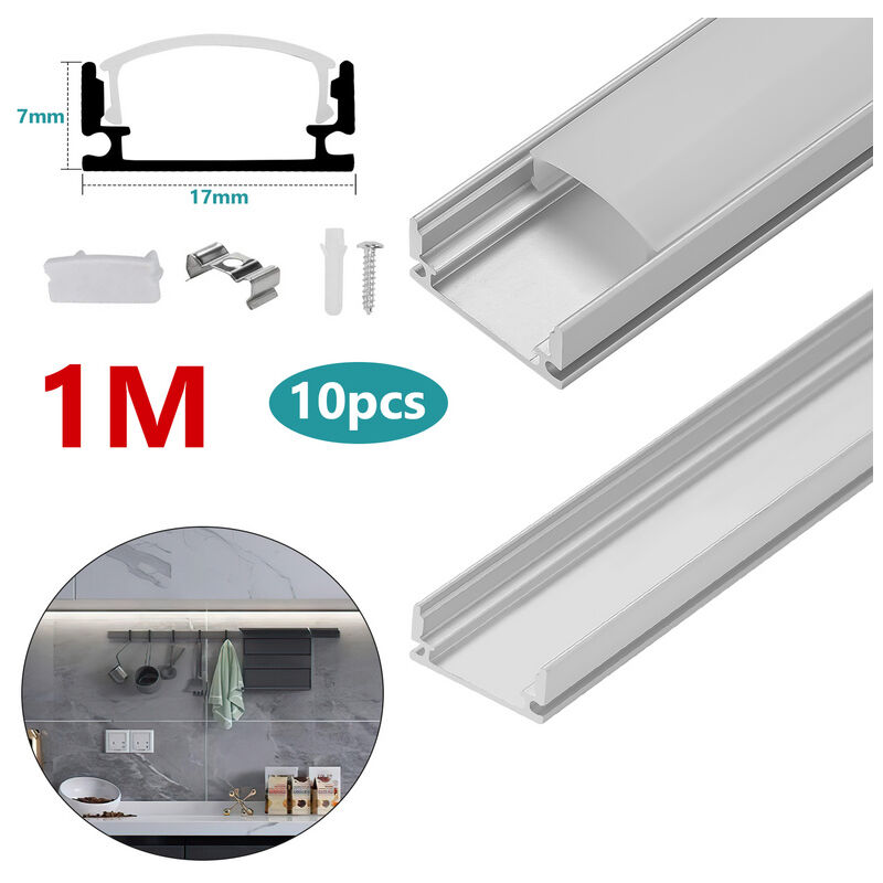 Profilé Aluminium led alu pour ruban led U-forme 10 1m pour rail led Compact Finition Professionnelle avec Blanc Laiteux Diffuseur,Embouts,Clips de