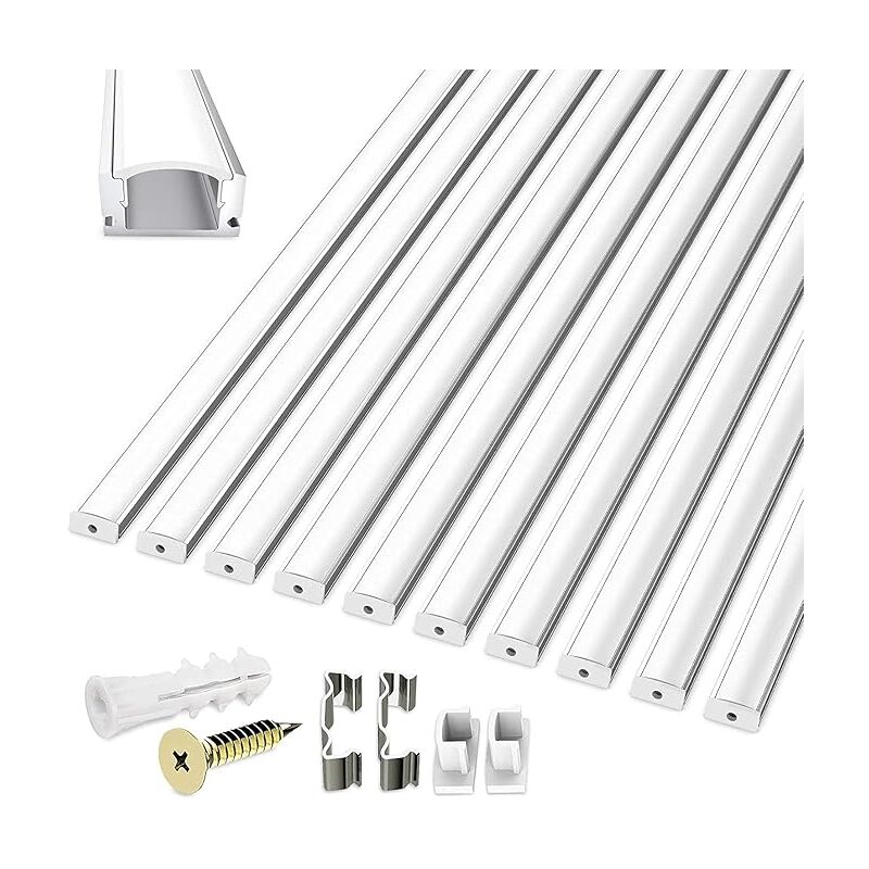 Profilé led en aluminium 10 x 1 m, en forme de u avec couvercle, 100 cm, pour bande led, couvercle crème, embouts et matériel de montage