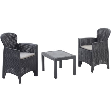 Progarden set giardino, salotto da giardino Made in Italy, tavolo e 2 poltrone antracite con cuscini in polipropilene