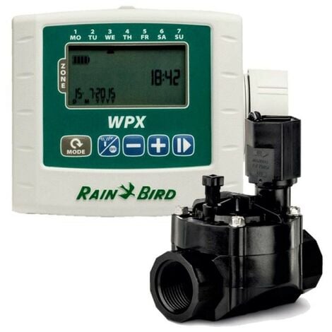 Programador a batería WPX1 Kit + Electroválvula 9v 1" Rain Bird Programador de riego autónomo a pilas para una estación de riego. Funciona únicamente con electroválvulas a batería 9V de cualquier