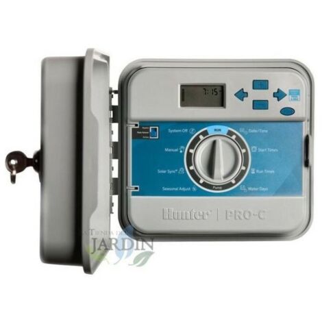 Programador de riego eléctrico PRO-C exterior Hunter, base 4 estaciones, controlador automático de riego