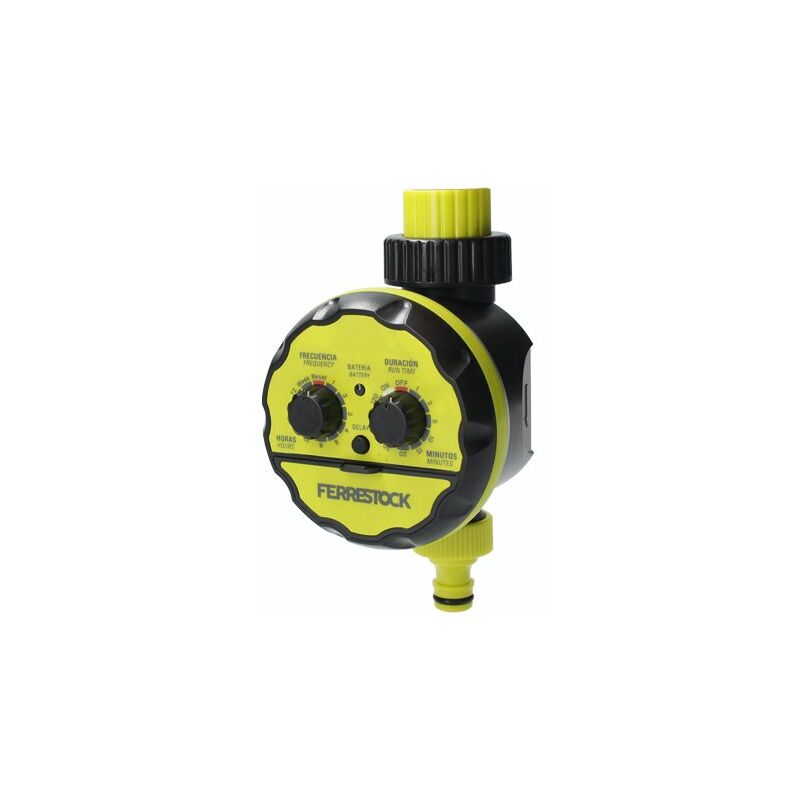 

Ferrestock FSKPRO002 programador de riego, regula frecuencia y duración del riego, riego manual, botón DELAY, rosca superior de 3/4” y salida con