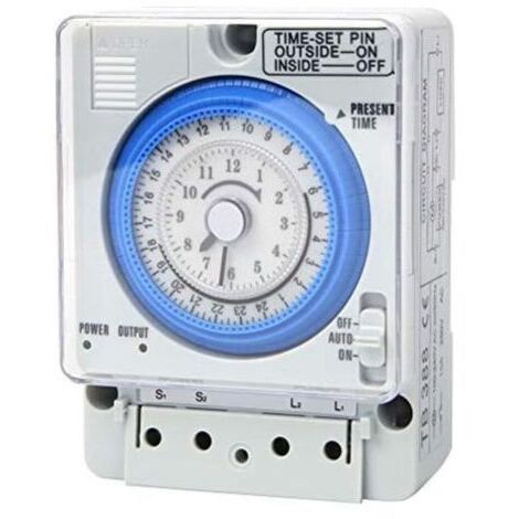 Programmable timer with delay function, 24 h, 110–230 V AC, mechanical timer for manual/automatic operation, for household electrical appliances, lighting and DIY applications.