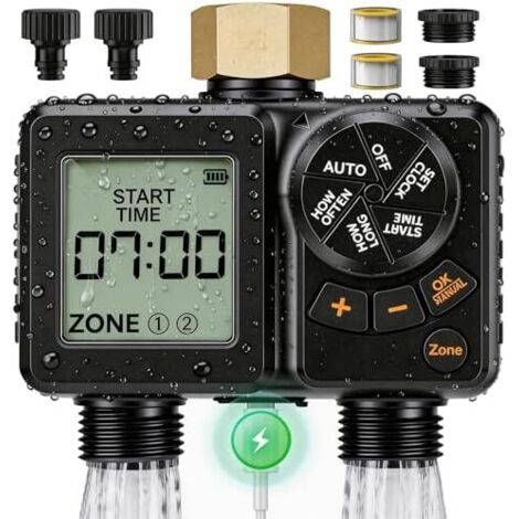 Programmateur Arrosage 2 Voies 2000mAh Rechargeable IPX6 Étanche Minuteur Automatique, LCD 2.8", Entrée Laiton, Retard de Pluie, Automatique et Manuel pour Jardin Pelouse -