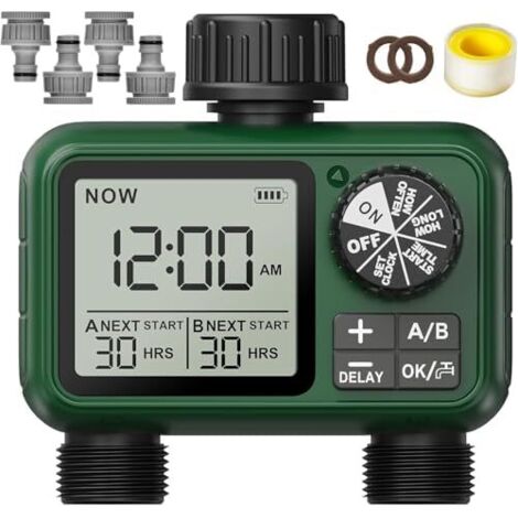 Programmateur Arrosage 2 Voies, Grand écran LCD, Automatique pour Jardin, D'irrigation Programmable, Utilisation Simple, Retard de Pluie, Fonction Manuel Voies -