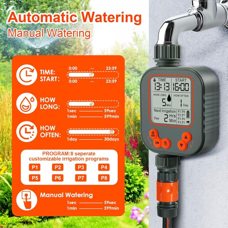 Programmateur Arrosage Automatique Manuel, Retard de Pluie Minuterie d'arrosage, 8 programmes Grand Écran lcd, Verrouillage Enfant, IPX5 Imperméable