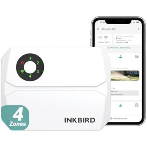 Programmateur Arrosage WiFi 4 Voies, Minuteur Automatique pour Jardin, Minuterie Irrigation Intelligent Contrôle APP, Fonction Mémoire, Ajustement Saisonnier Blanc. -