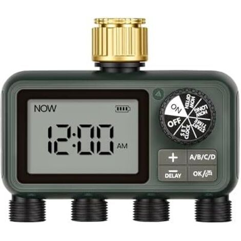 Programmateur d’Arrosage Automatique 4 Voies, Sorties Plastiques, Minuterie pour Robinet de Jardin, Fonctions Automatique, Manuel et Report en Cas Pluie, Vert Foncé ZF14WTD06 -