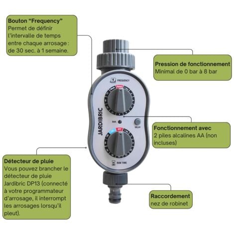 Programmateur d'arrosage nez de robinet Jardibrix à 1 voie à pile (2 x 1,5V AA) - PNR16
