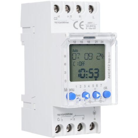 Programmierbarer 2-Kanal-Timer mit DIN-Motor, LCD-Anzeige, Kalender und 6 Sprachen für den Einsatz zu Hause oder im Büro