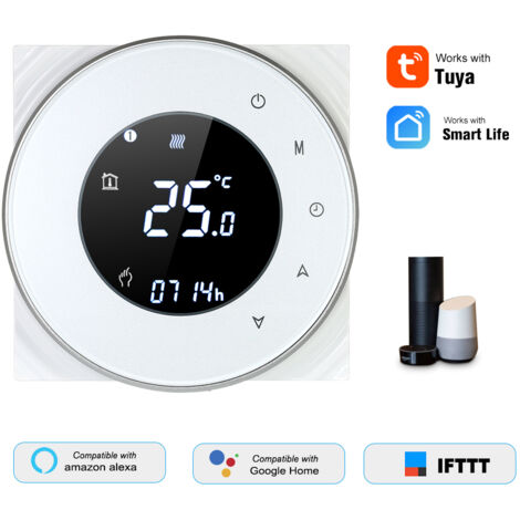 Programmierbarer Gasheizungsthermostat, potentialfreier Temperaturregler, Touchscreen-LCD mit Hintergrundbeleuchtung, Sprachsteuerung kompatibel mit Amazon Echo / Home / IFTTT