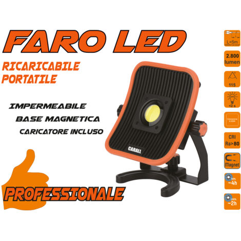 Proiettore Faro Led Flood Professionale 30W Ricaricabile e Cavo 5 Metri Dual System Base Magnetica Batteria Estraibile Utilizzabile Come Power Bank
